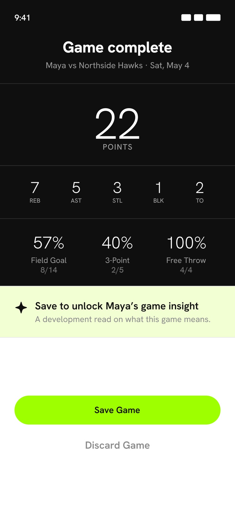 The Game complete screen: Maya's 22 points, rebounds, assists and shooting, with no team score